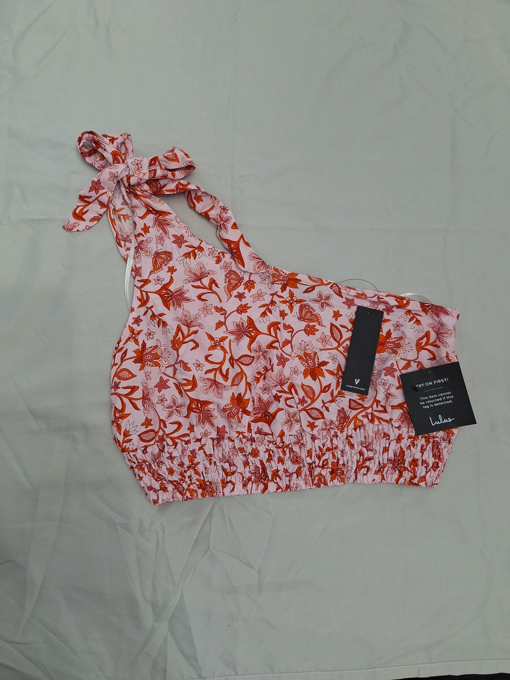 Lulu's Pink and Orange Floral One-Shoulder Crop Top